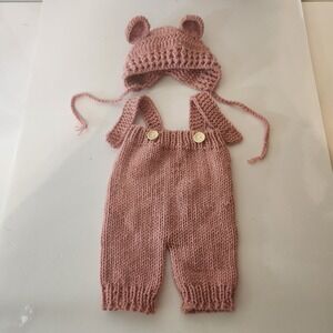 Handmade Knit Baby Newborn Photo Prop Set Bear Ear Bonnet Overalls Dusty Rose